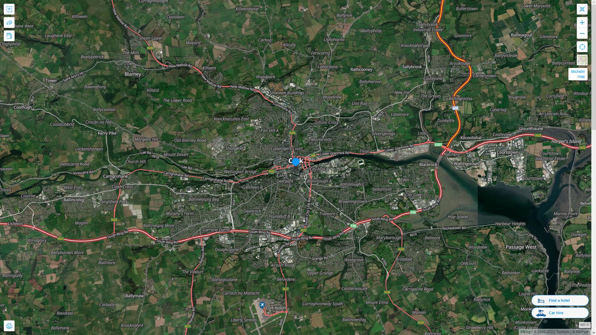 Cork Irlande Autoroute et carte routiere avec vue satellite